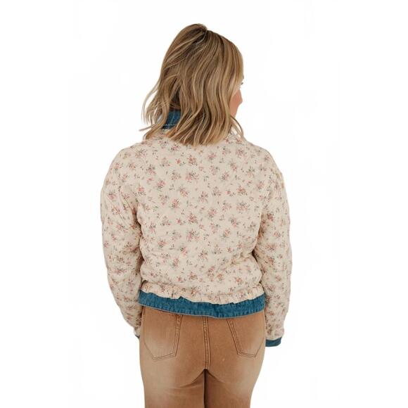 NEW EE:SOME floral washed denim jacket in beige - Picture 3 of 5